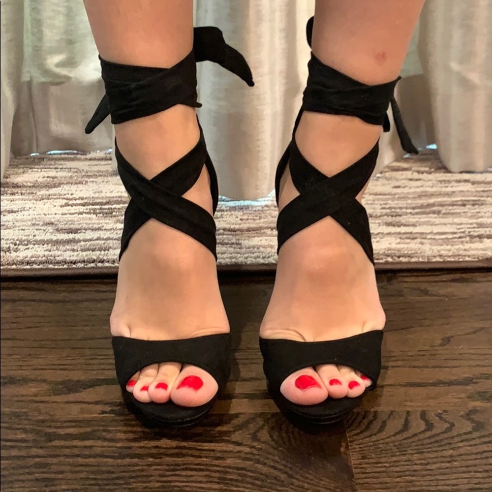 Black Strappy Lace Up High Heels